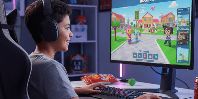 Un niño sonriente con auriculares está sentado en un escritorio, jugando al colorido juego Adopt Me! en un gran monitor. Sobre el escritorio, en una acogedora habitación decorada, hay aperitivos, un teclado y un ratón.