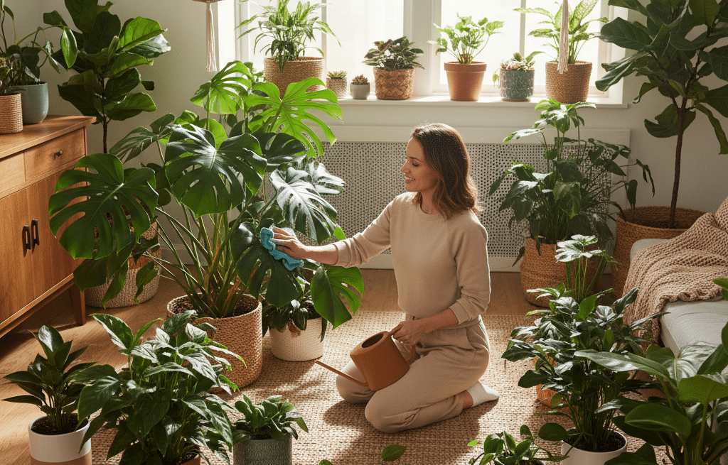 Una mujer arrodillada sobre una alfombra en una luminosa habitación llena de plantas de interior, sonríe mientras limpia una gran hoja de monstera con un paño mientras sostiene una regadera. La luz del sol entra por la ventana y resalta la vegetación.