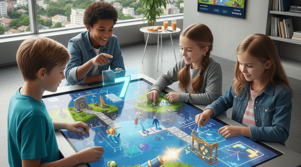 Cuatro niños juegan a un juego de mesa digital interactivo en una gran mesa con pantalla táctil en una habitación luminosa, interactuando con coloridos elementos de juego holográficos y disfrutando juntos de la experiencia colaborativa.