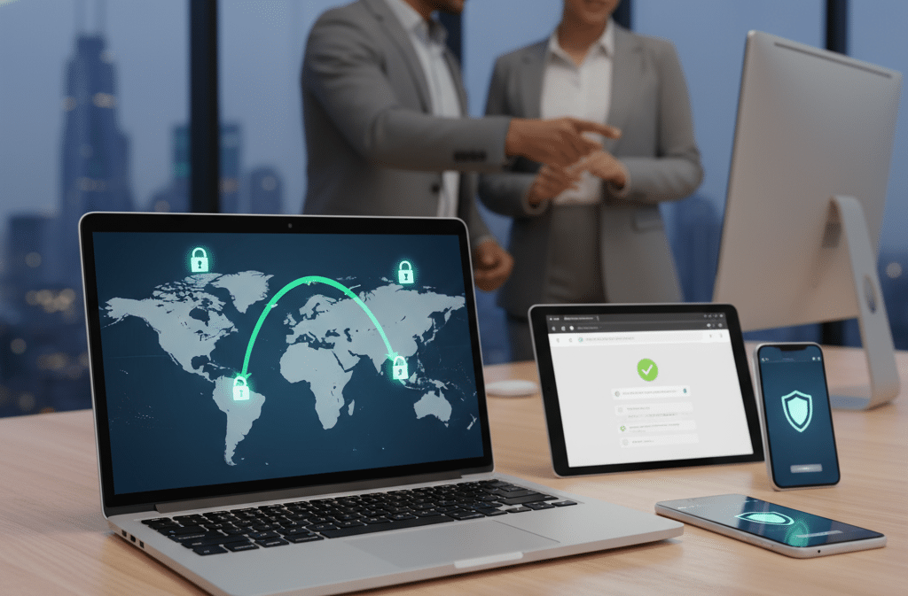 Un ordenador portátil, una tableta y un smartphone con iconos de ciberseguridad sobre un escritorio, con dos profesionales desdibujados discutiendo al fondo en una oficina moderna con vistas a la ciudad.