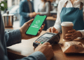 Una persona paga en el mostrador de una cafetería utilizando un smartphone en cuya pantalla aparece Pago aprobado. Un camarero sostiene una taza de café, y en el mostrador hay un terminal de pago junto a una bolsa de papel.