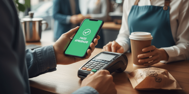 Una persona paga en el mostrador de una cafetería utilizando un smartphone en cuya pantalla aparece Pago aprobado. Un camarero sostiene una taza de café, y en el mostrador hay un terminal de pago junto a una bolsa de papel.