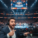 Un comentarista con auriculares gesticula excitado mientras informa sobre un combate de boxeo en un estadio abarrotado, con una gran pantalla iluminada sobre el ring que muestra los detalles del evento y una multitud que anima a su alrededor.